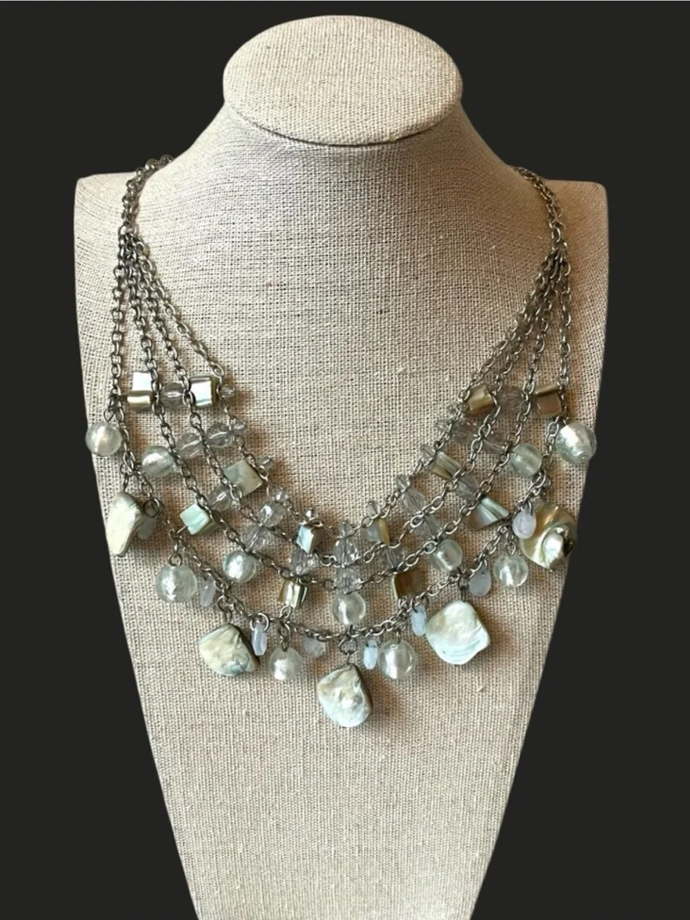 Vintage Silver Chain Multi Strand Natural Abalone Bib Necklace